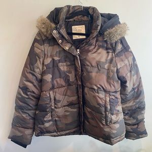 Ci Sono Camo Hooded Faux Fur Puffer Jacket